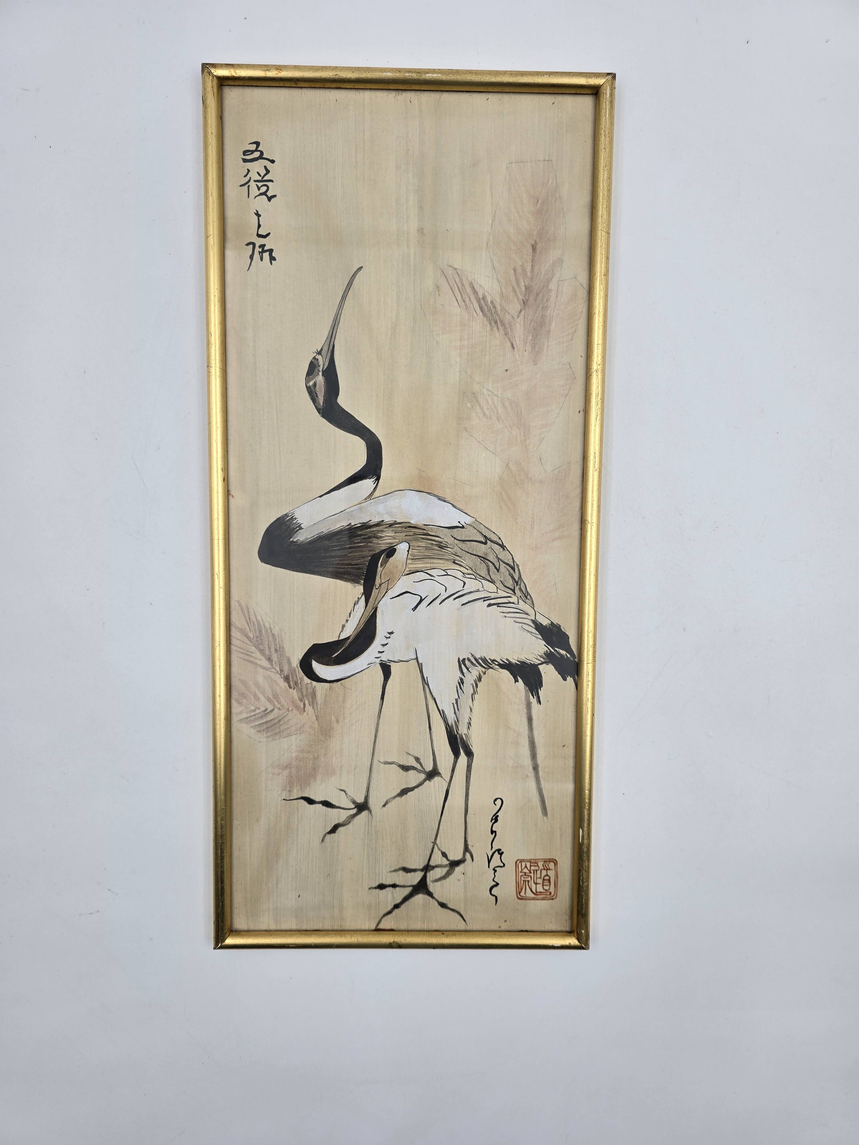 Antique Japanese Silk Painting - The Two Cranes