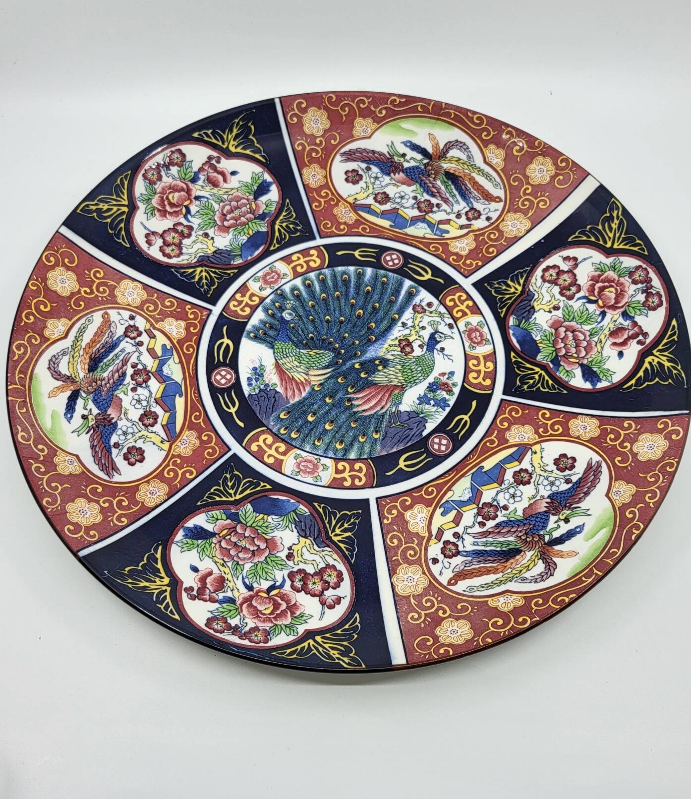 Large Chinese dish signed in Imari porcelain decorated with peacocks and flowers 1970 Vintage