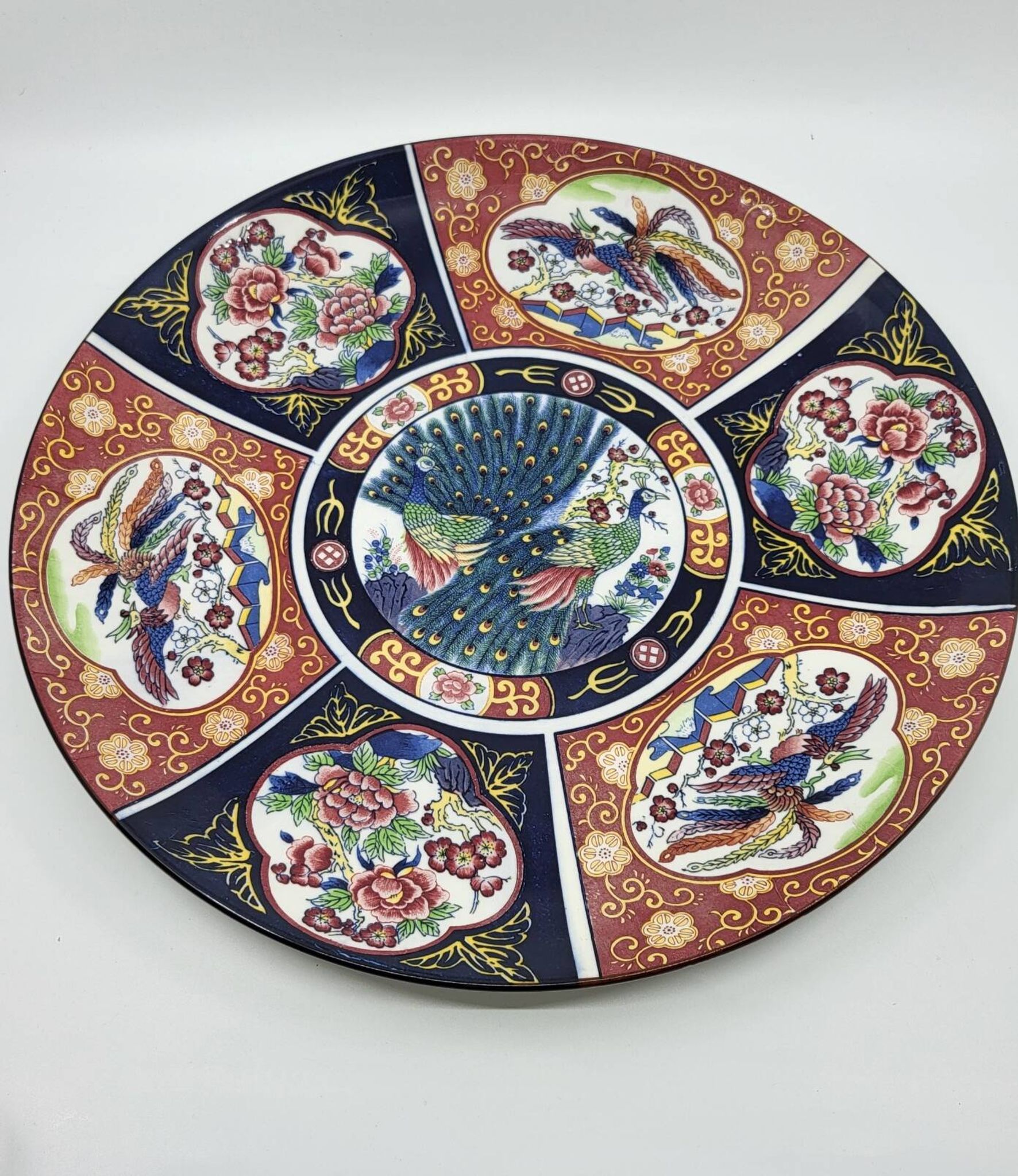 Large Chinese dish signed in Imari porcelain decorated with peacocks and flowers 1970 Vintage