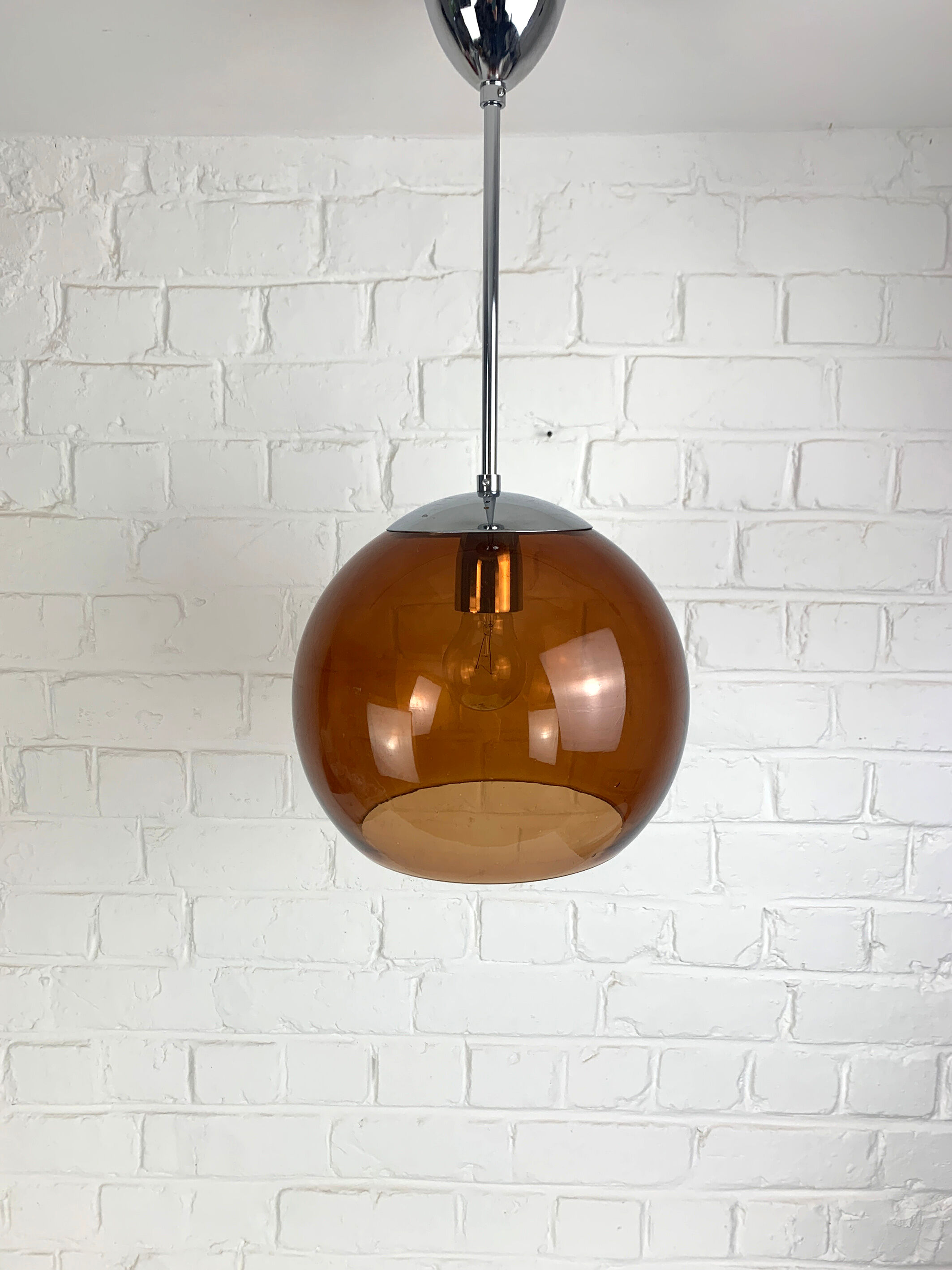 Pendant lamp ball Space Age amber glass chrome 1970s