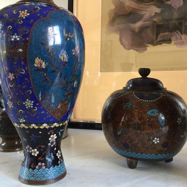 Ensemble 3 vases mapei/emaux cloisonné décors dragon vert/chine fin xviiième