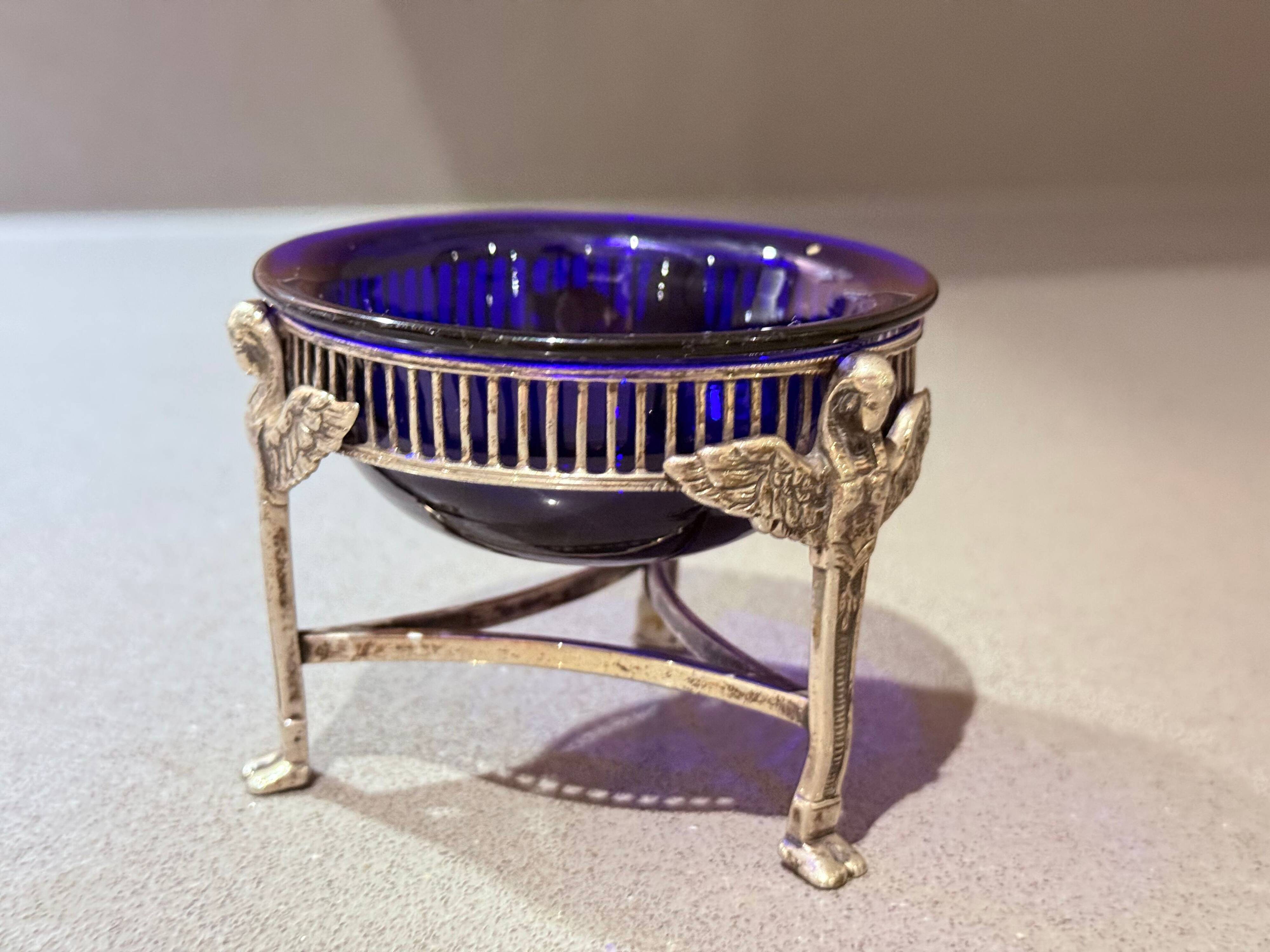Pair of Vintage Swan-Shaped Salt Cellars, Silver-Plated, with Cobalt Blue Glass Liners