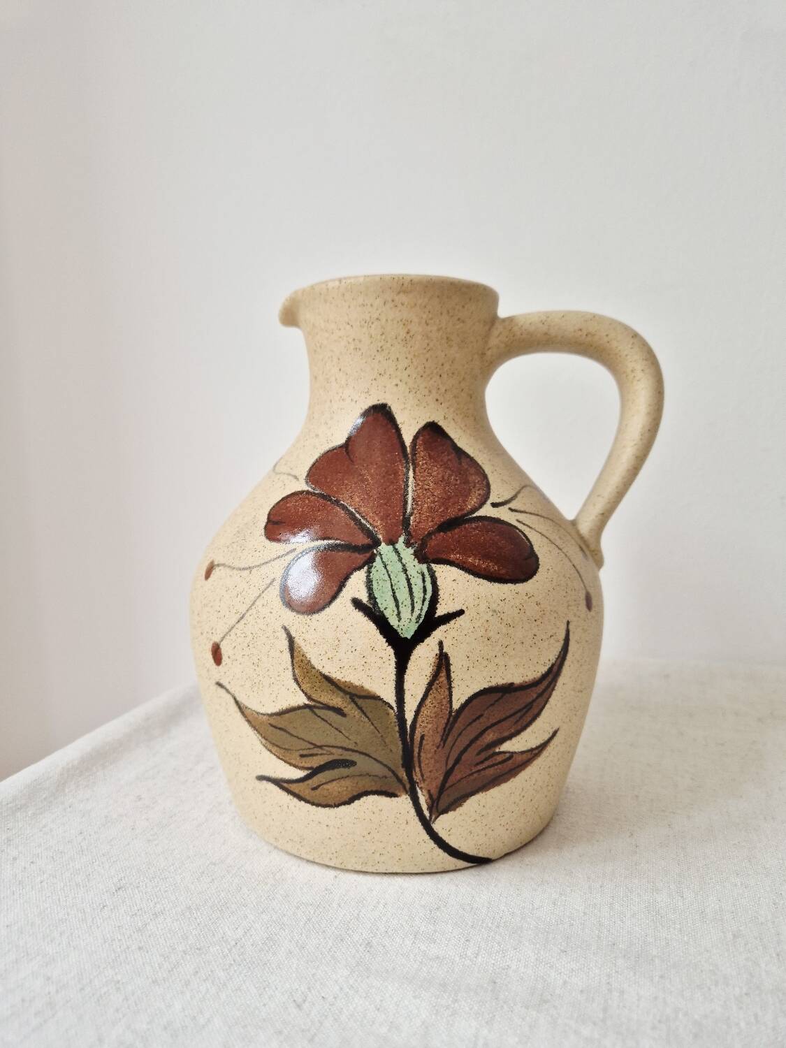 Speckled stoneware carafe with floral decoration signed - Vintage