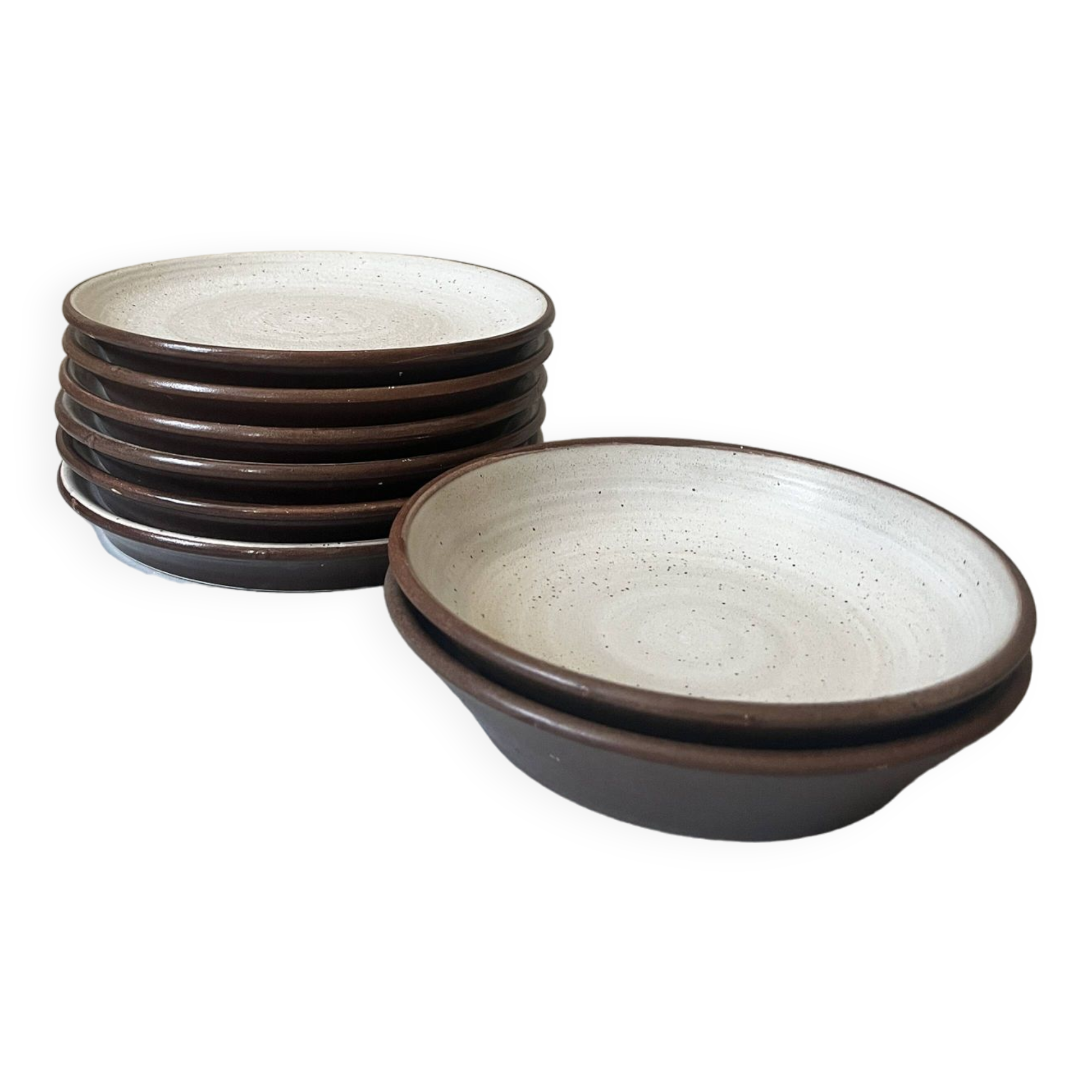 dessert service 6 flat plates + 2 soup plates in Gien sandstone, 1970
