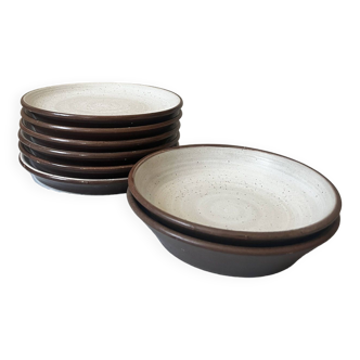 dessert service 6 flat plates + 2 soup plates in Gien sandstone, 1970