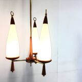 Vintage teak chandelier with white glass shades, 1960s