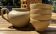 Vintage brown beige stoneware teapot set with 4 bowls.