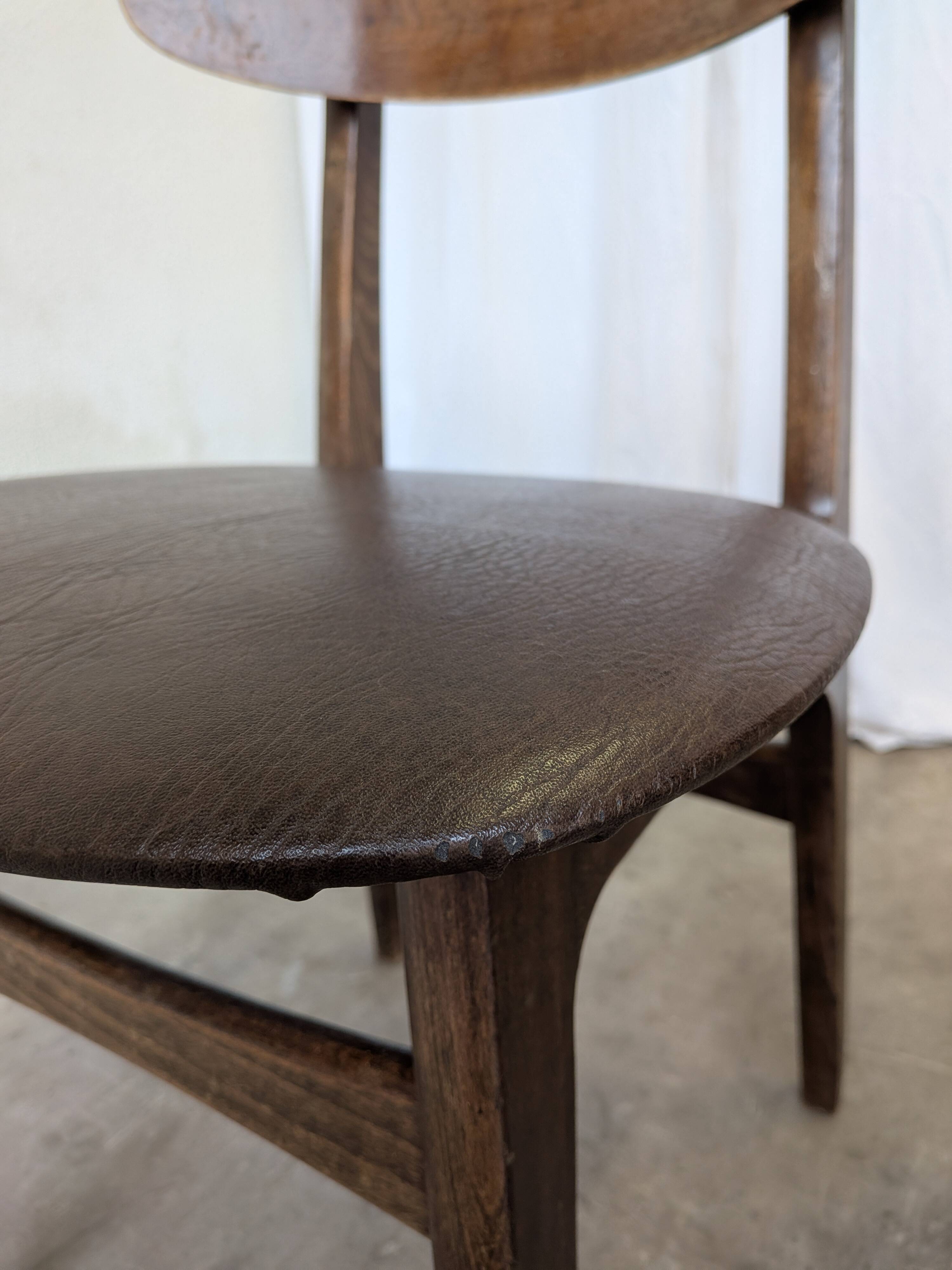 Set of 3 Vintage Wooden Dining Chairs with Brown Leather Seats / Mid-Centur