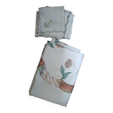 Tablecloth and napkins with a spring theme, vintage tulips, new polyester.