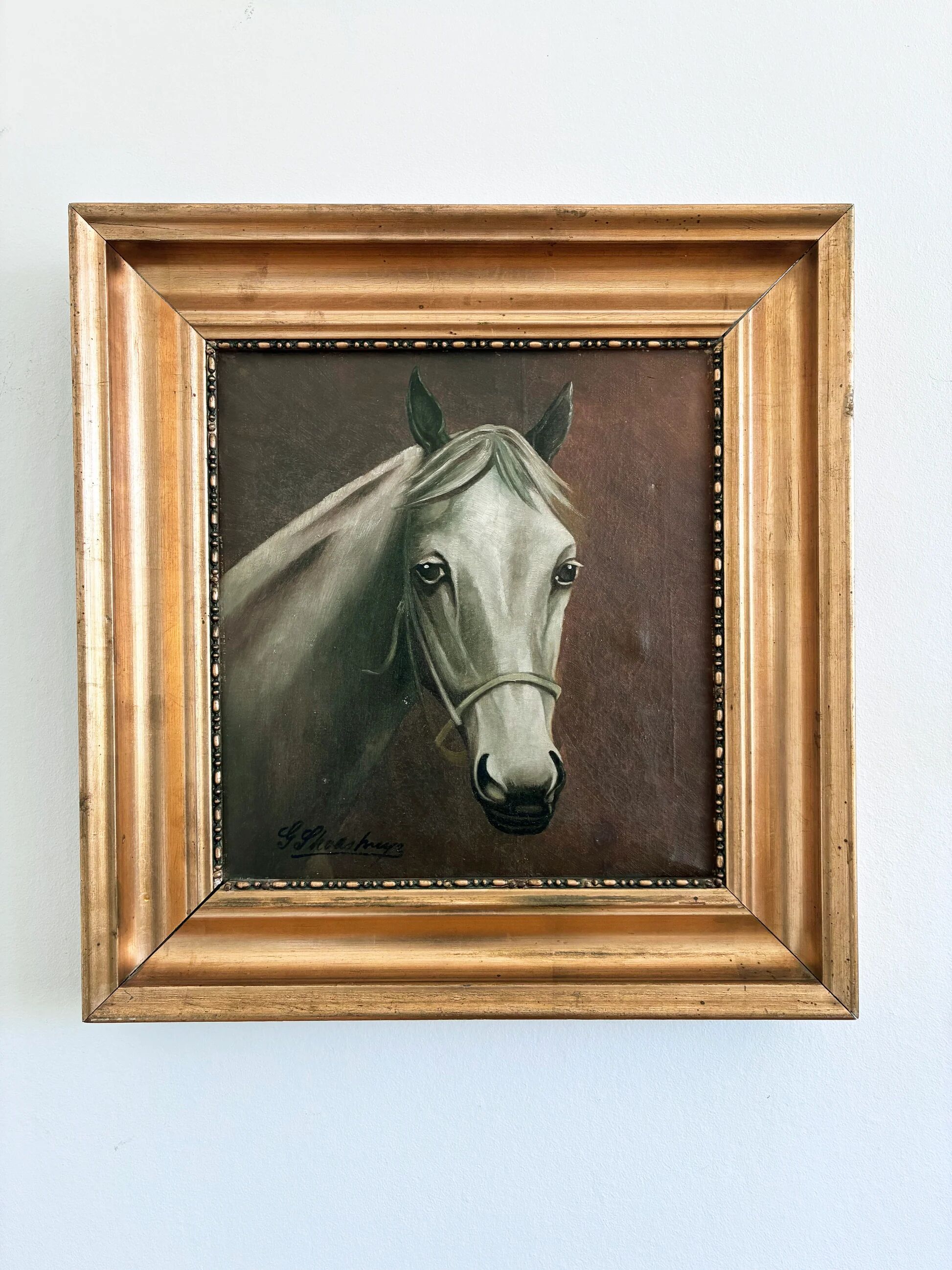 Peinture à l'huile vintage originale de cheval blanc, portrait équestre signé.