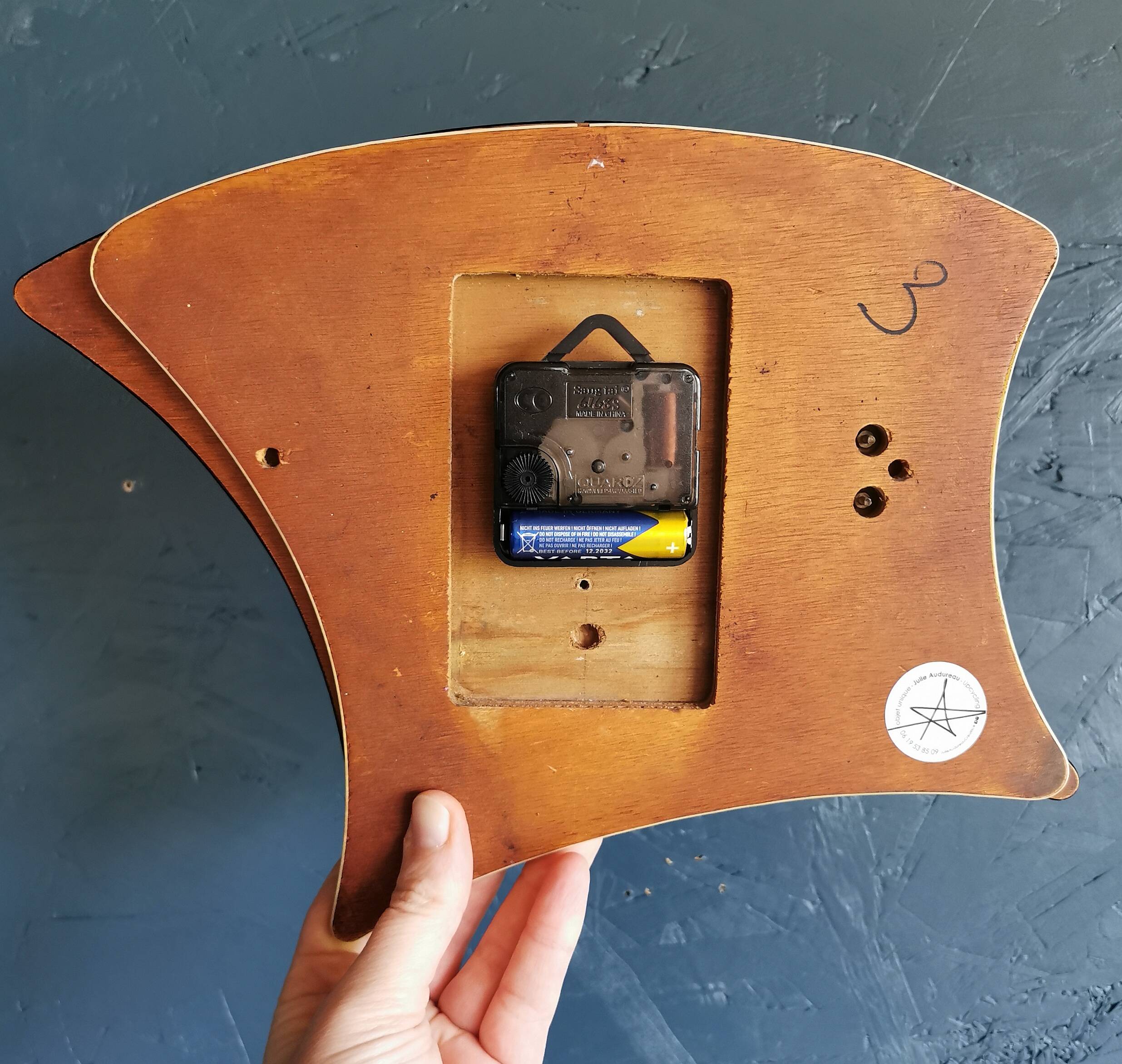 Vintage formica clock silent asymmetrical wall pendulum "Jura bois"