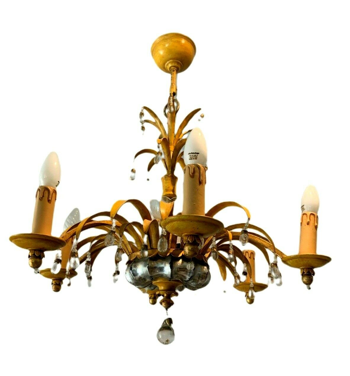 Glass chandelier and patinated sheet metal Six arms of light XX century