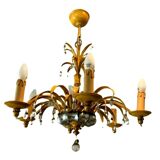 Glass chandelier and patinated sheet metal Six arms of light XX century