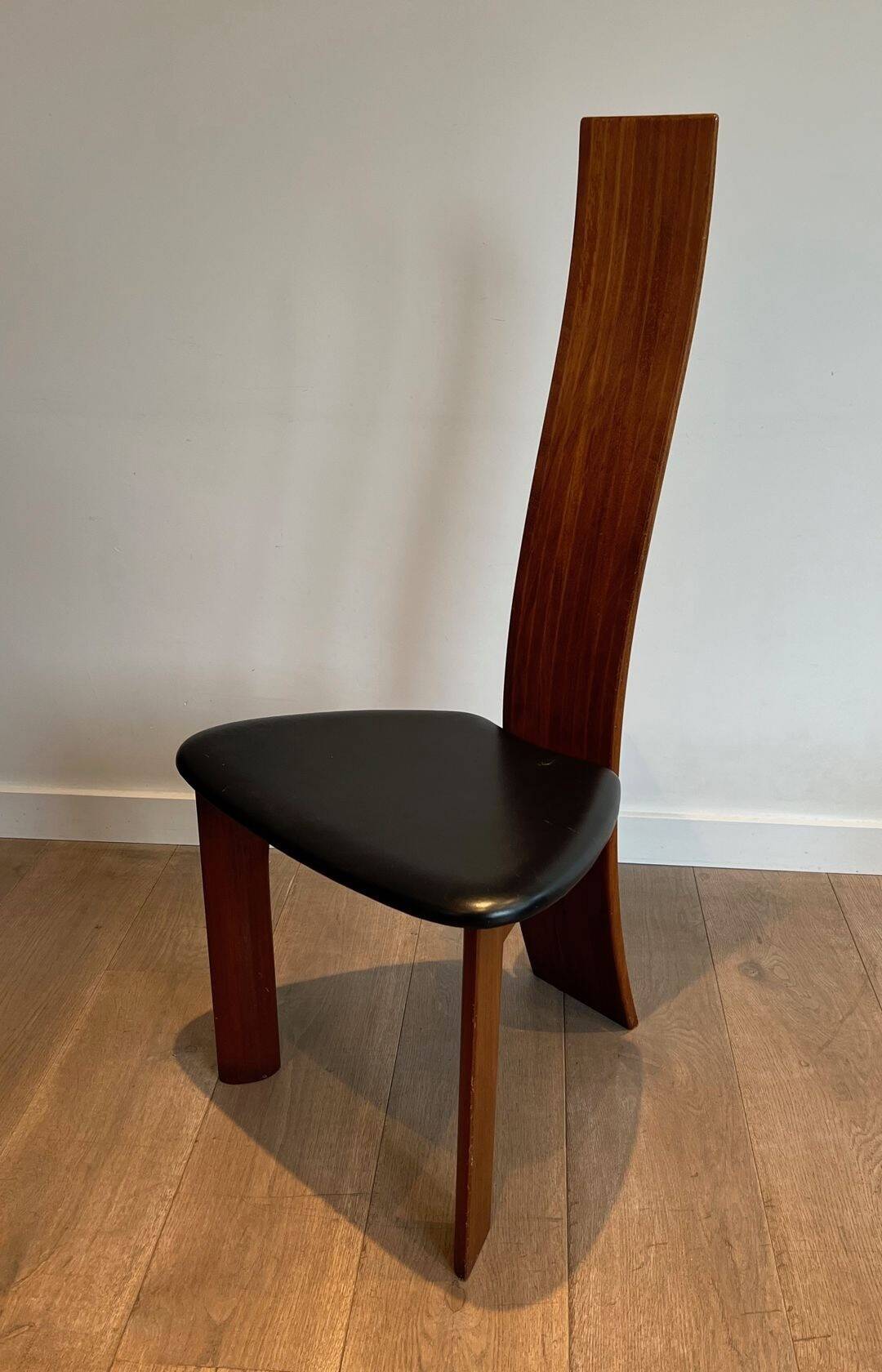 Pair of High Back Chairs, Exotic Wood & Black Leather, Scandinavian, varnished