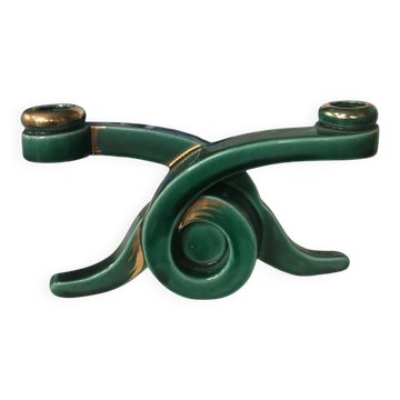 Bougeoir Art Deco en faïence verte et dorée