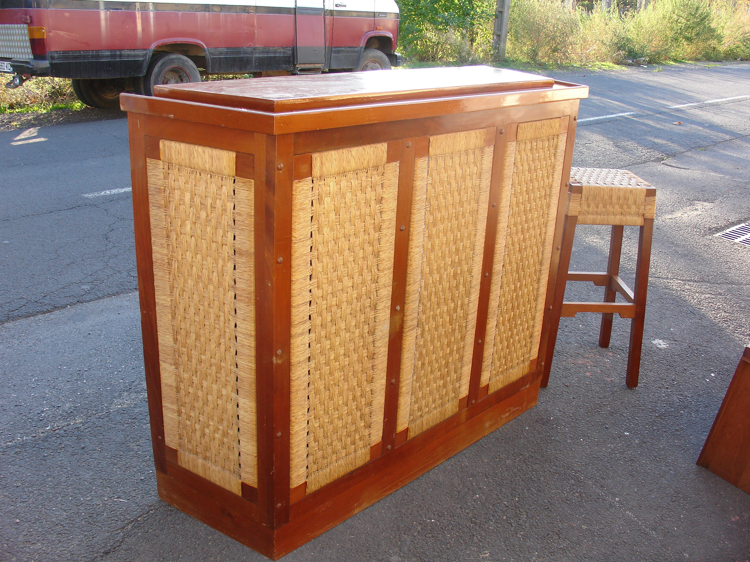 Mahogany and straw bar, made in Mexico around 1950