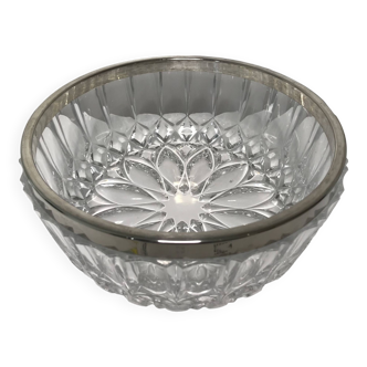 Glass fruit salad bowl with silver metal edge