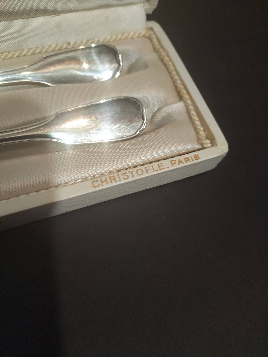 Christofle box – Child's spoon & fork – Silver-plated metal