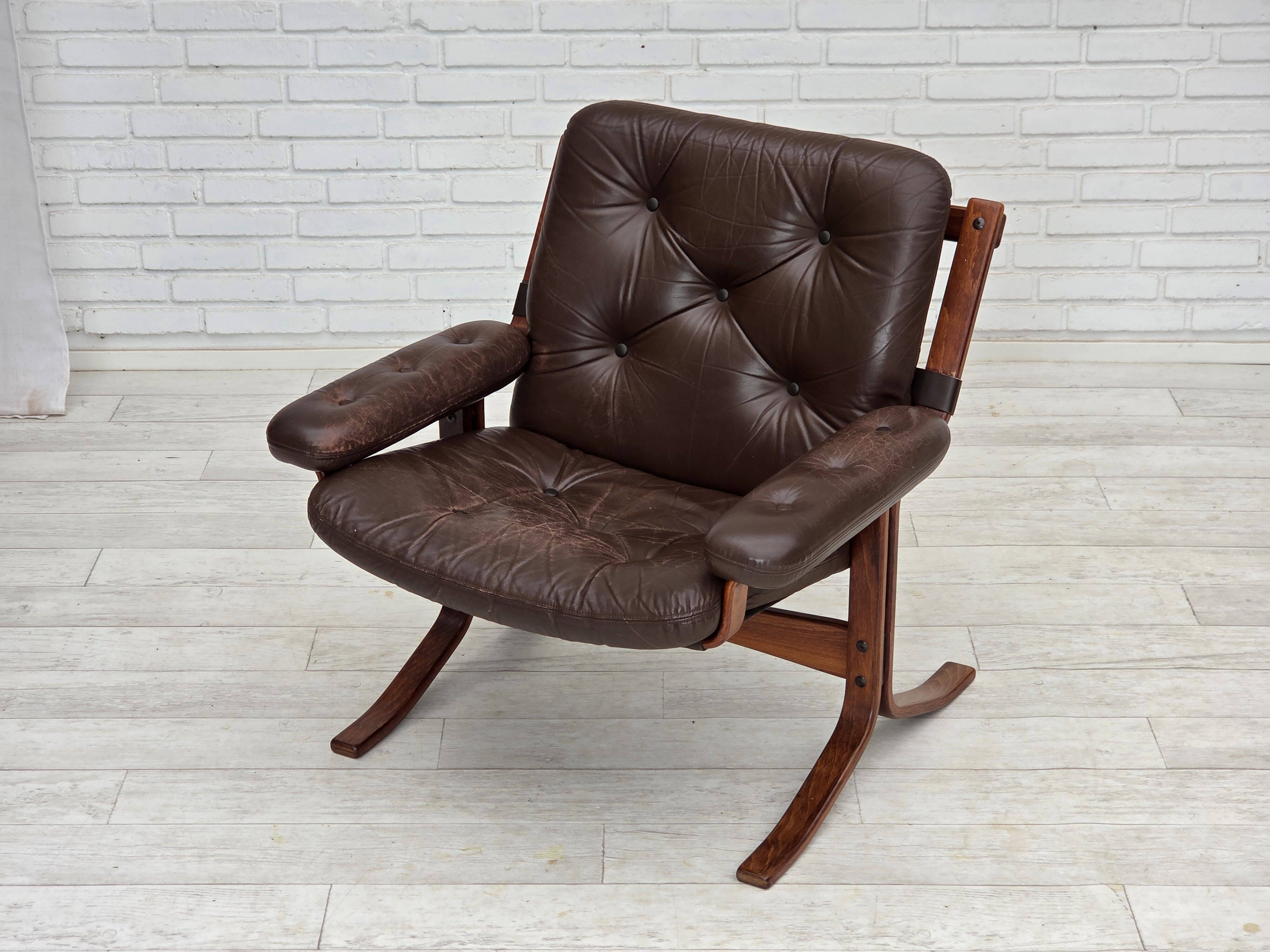 1970s, Norwegian armchair by Jon Hjortdal, furniture leather, bent wood.