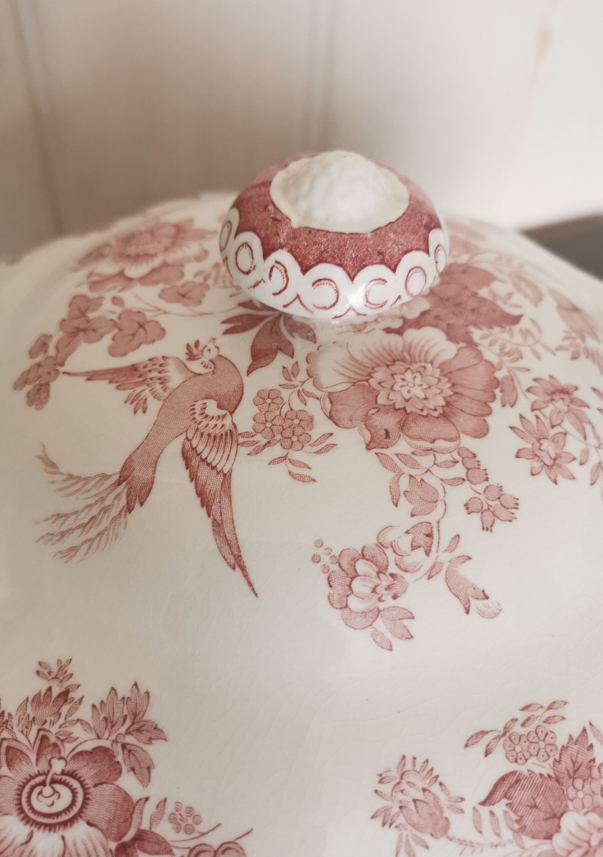 English soup bowl with purple floral motifs