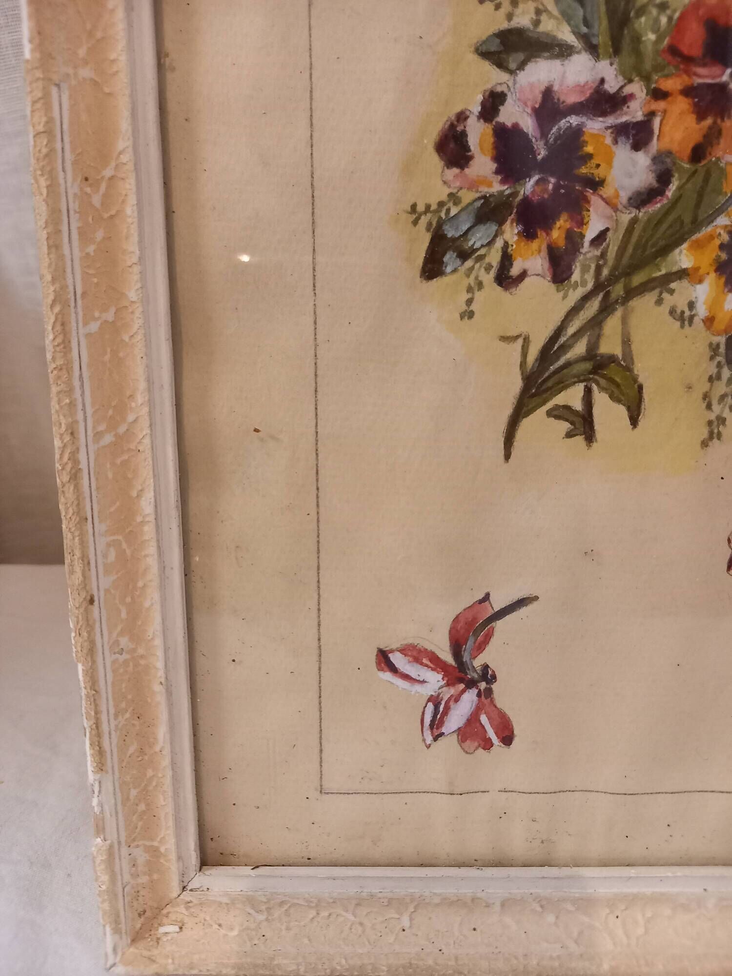 Old painting, gouache on paper, floral composition with pansies, framed under glass