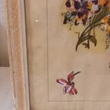 Tableau ancien, gouache sur papier, composition florale avec pensées, enacdré sous verre