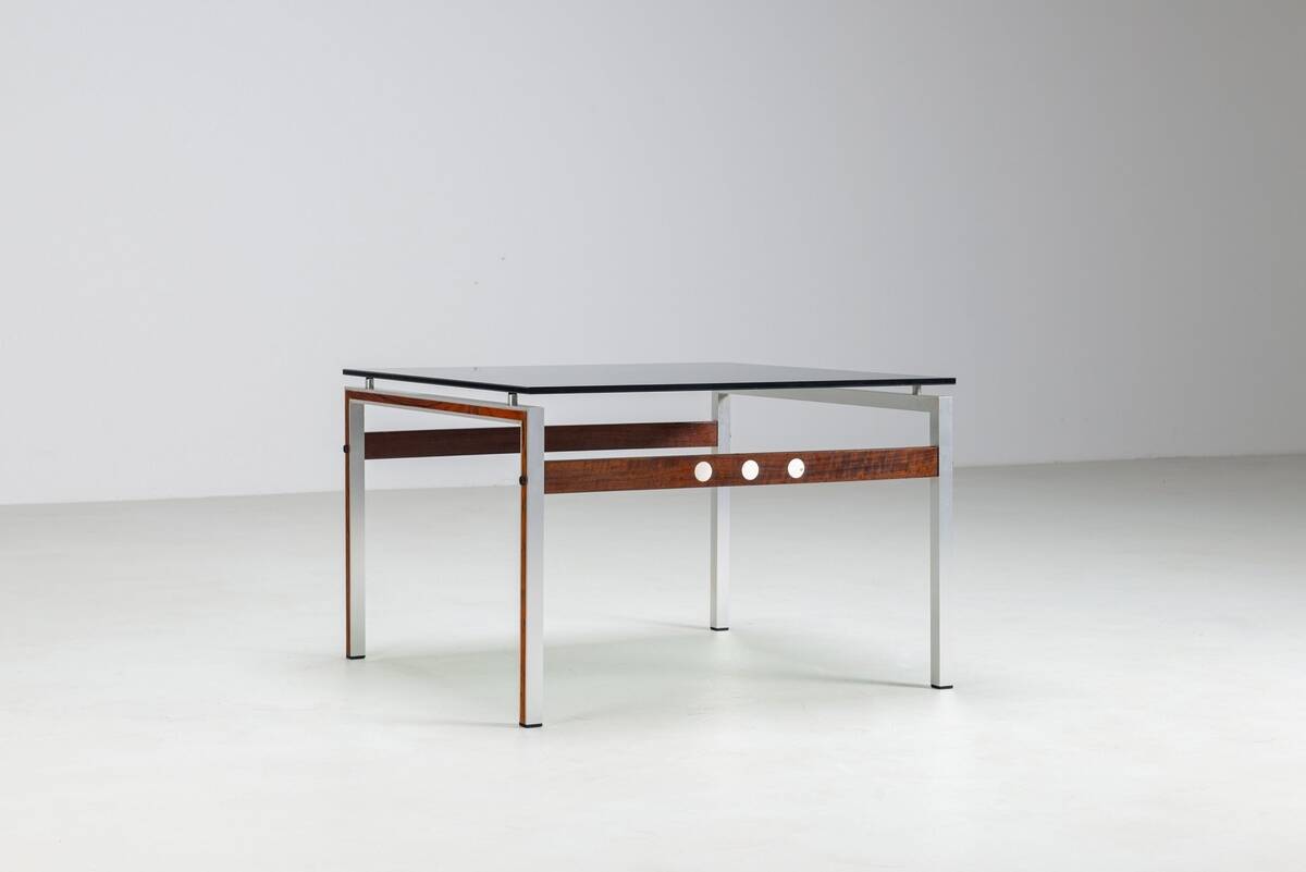 Scandinavian coffee table in metal, teak and smoked glass Denmark 1960