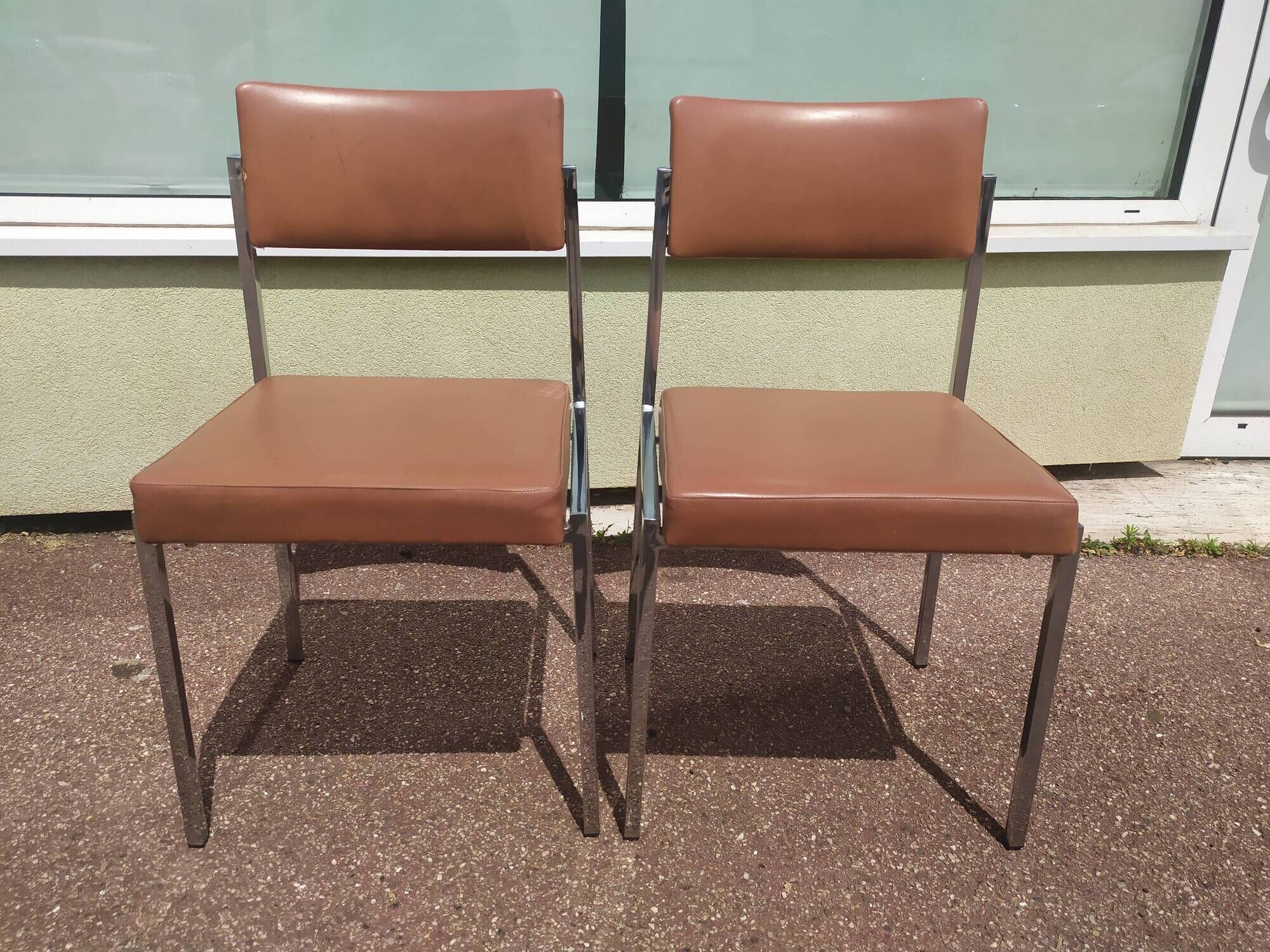 Pair of office chair oem strafor vintage 1960 - chrome skaï brown