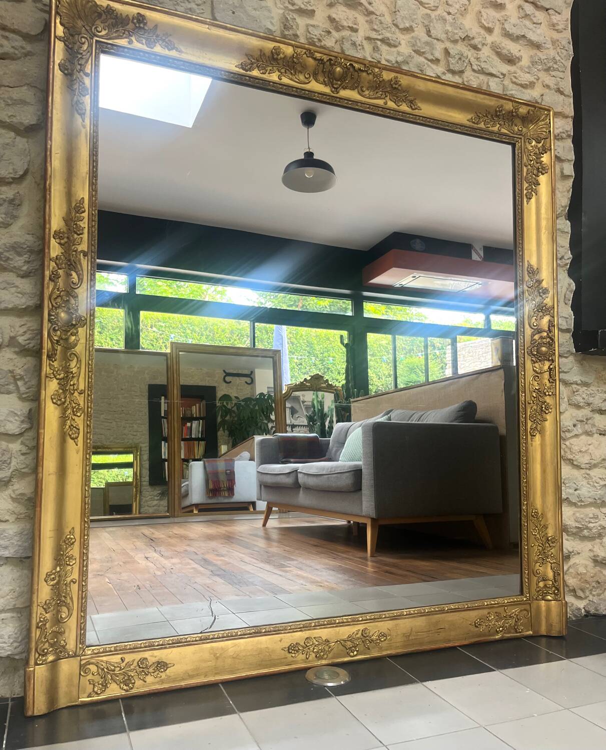 Antique fireplace mirror 144.5cm/131.5cm gold leaf and mercury