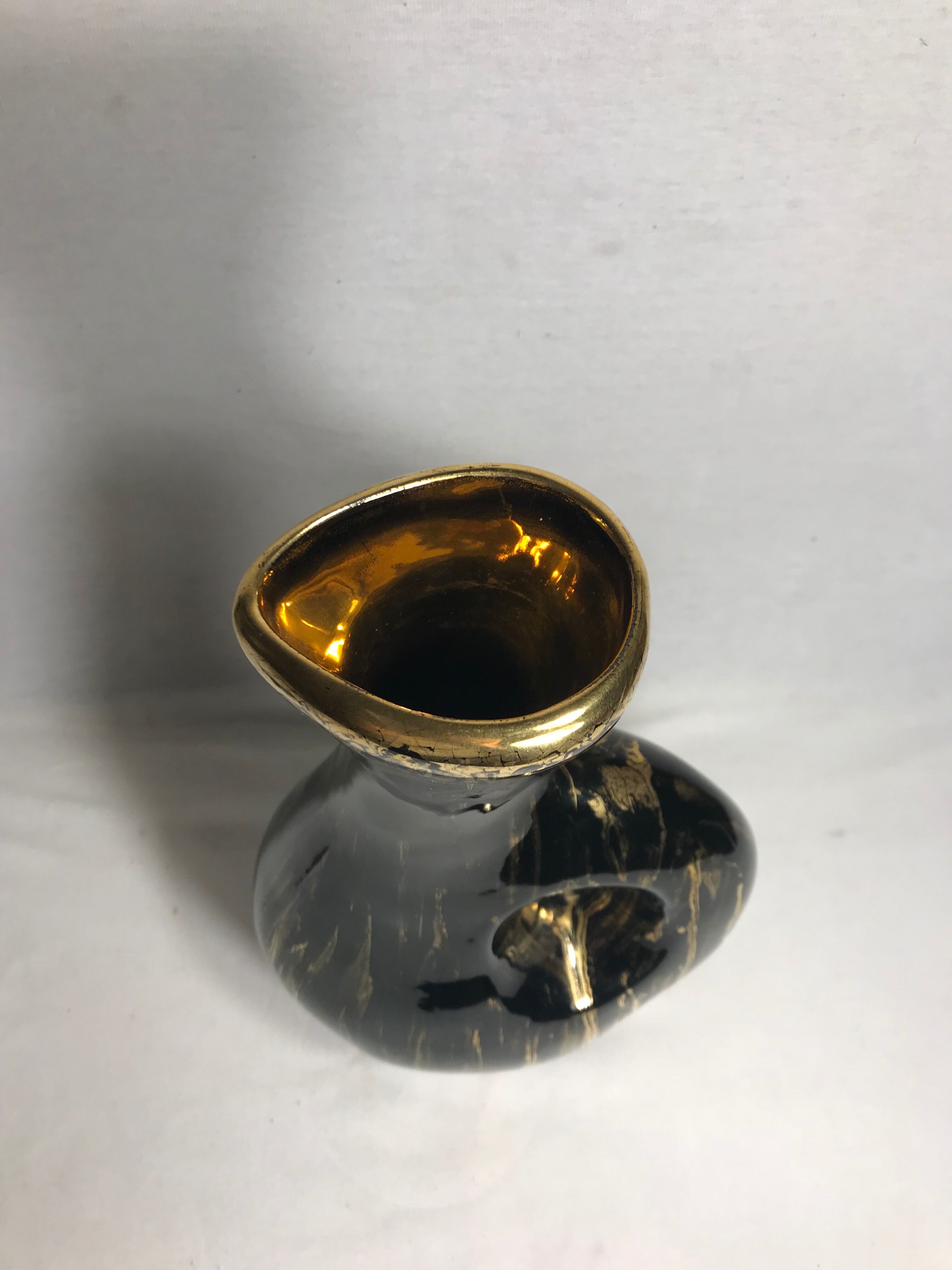 Old glazed ceramic, cove black & gold signed pitcher tess vintage