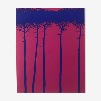 Tableau Pins  bleu sur fond violet  ,Peinture acrylique sur toile de Bertrand Cure