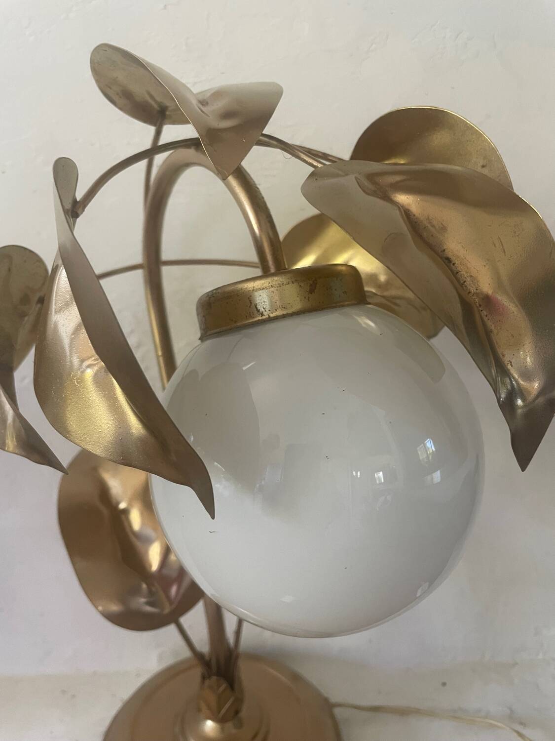 70s gold metal and opaline lamp