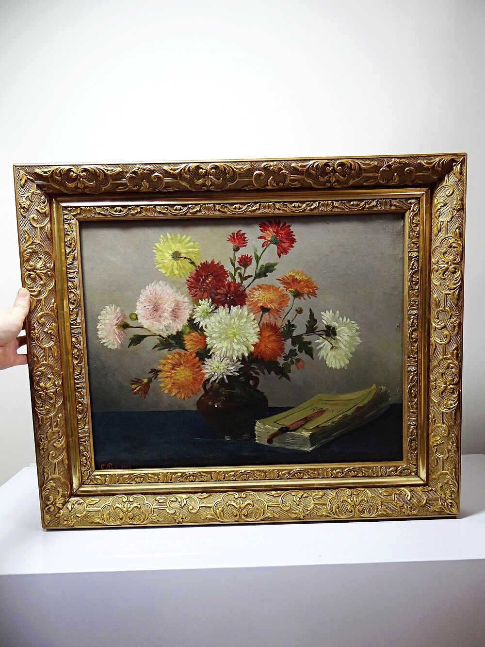 Oil painting on canvas, still life with chrysanthemums, signed L.Porte 1888.