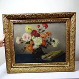 Oil painting on canvas, still life with chrysanthemums, signed L.Porte 1888.