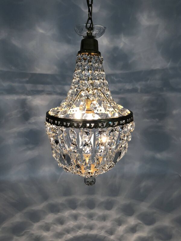 Ancien lustre montgolfière, pampilles en verre. Années 50 60