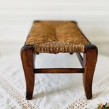 Small bench stool footrest in wood and vintage straw