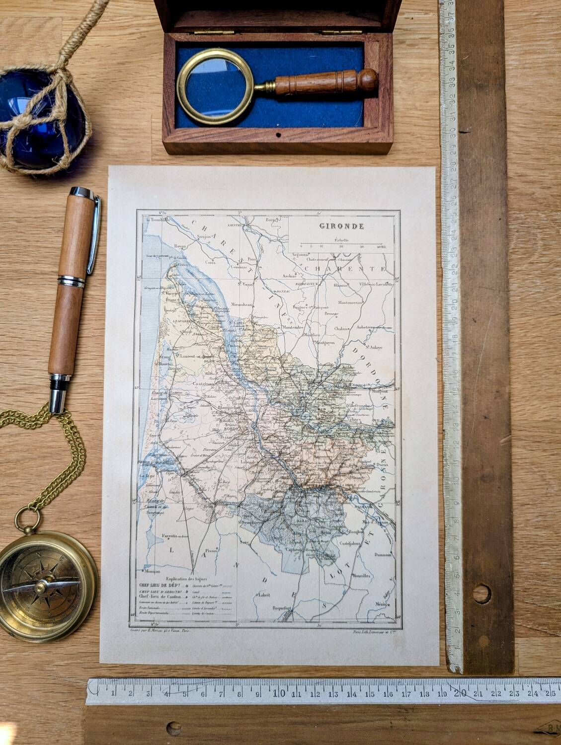 Planche géographique la Gironde, Nouvelle Aquitaine, imprimée en 1889