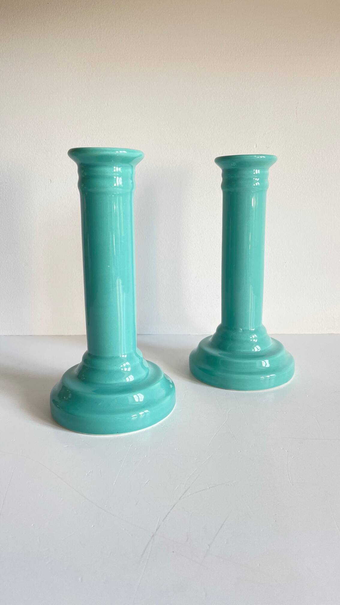 Pair of vintage ocean blue ceramic candlesticks