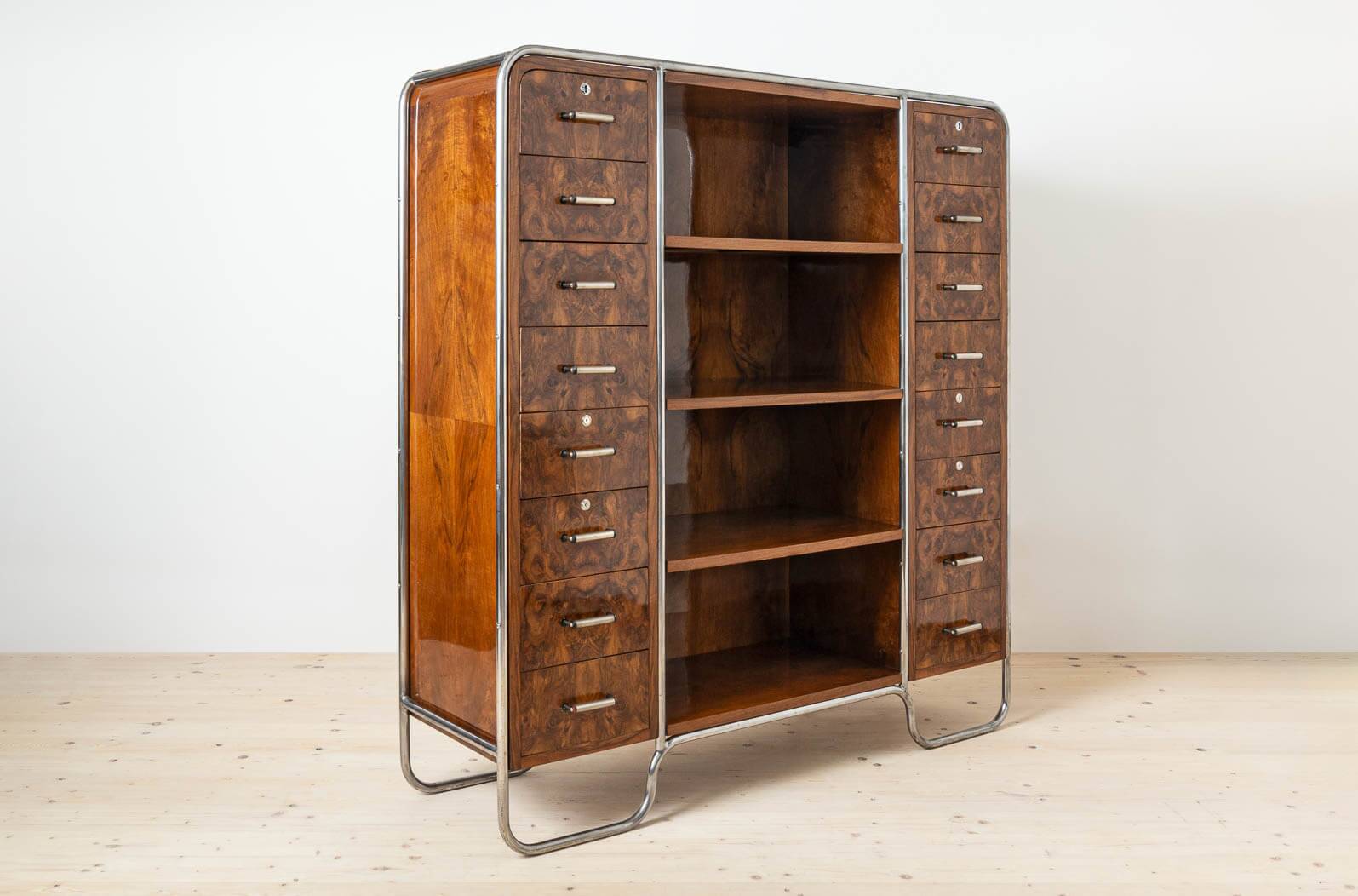 Bauhaus Era Bookcase, Tubular Steel Base, Walnut Veneer, 1930s