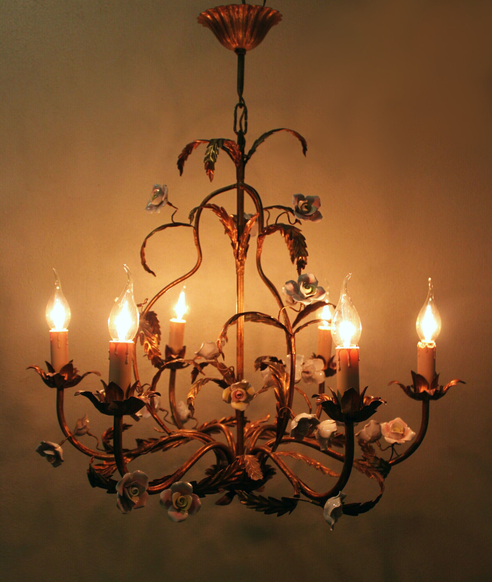 Golden metal chandelier with porcelain flowers, 50's
