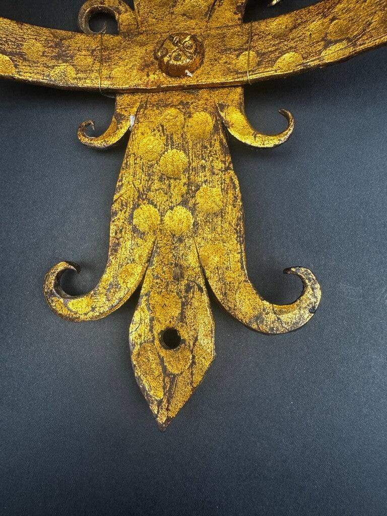 Pair of electrified golden wrought iron gothic wall sconces.