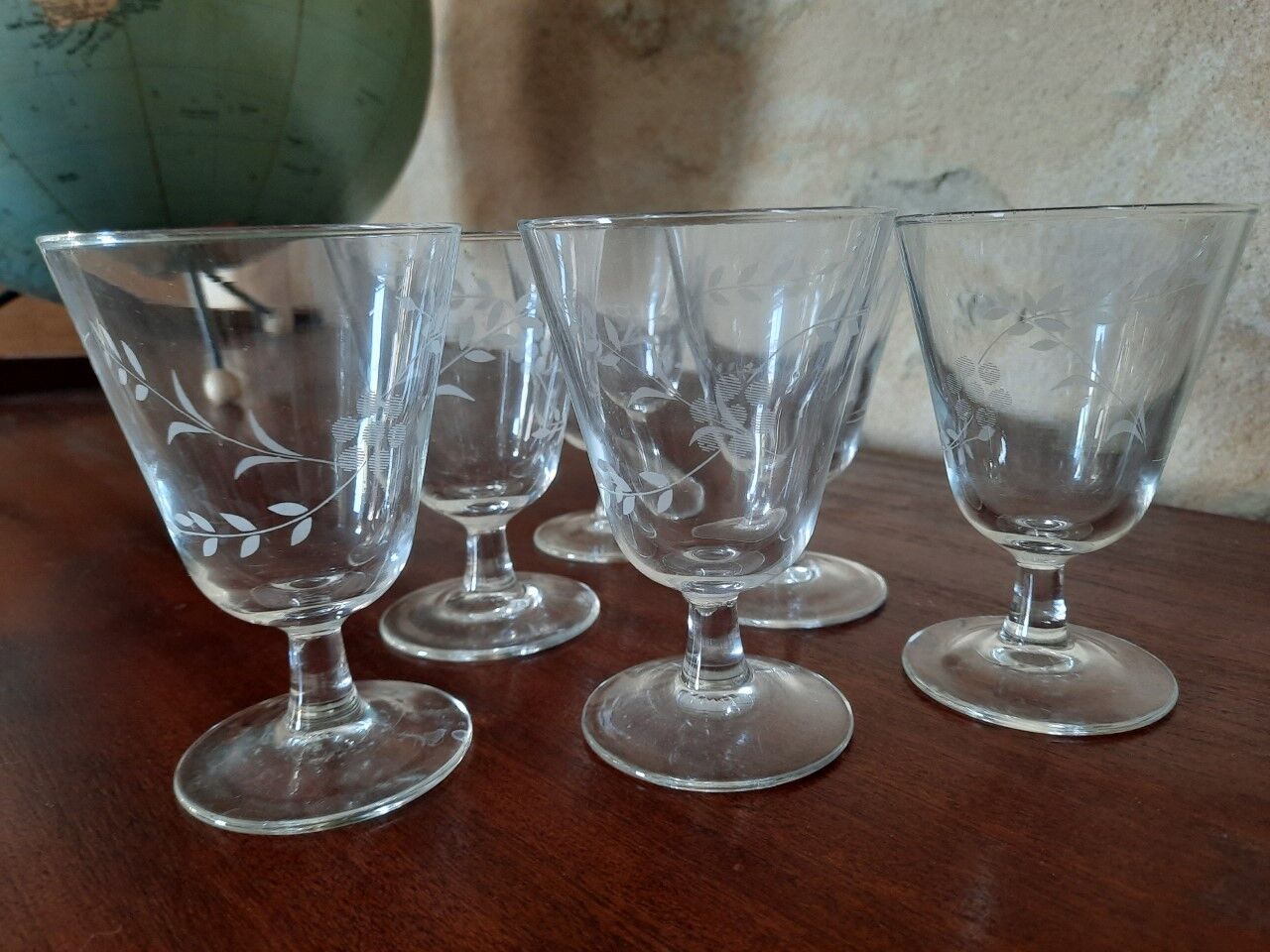 Set of 6 antique engraved glasses