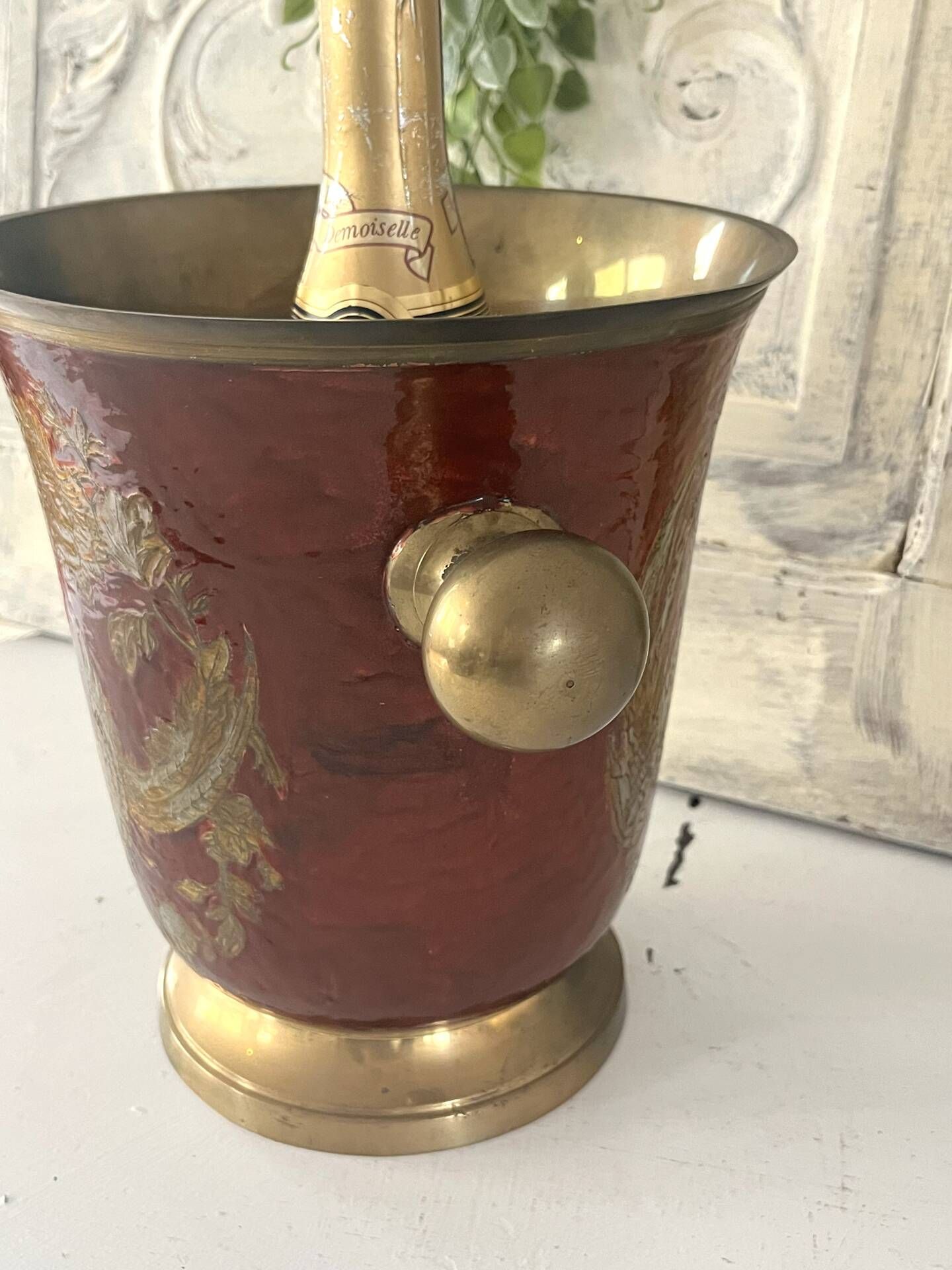 Ice Bucket, Enamel Red and Gold French Brass Champagne Cooler, Vintage
