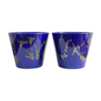 Set of 2 blue West German ceramic planters / flower pots