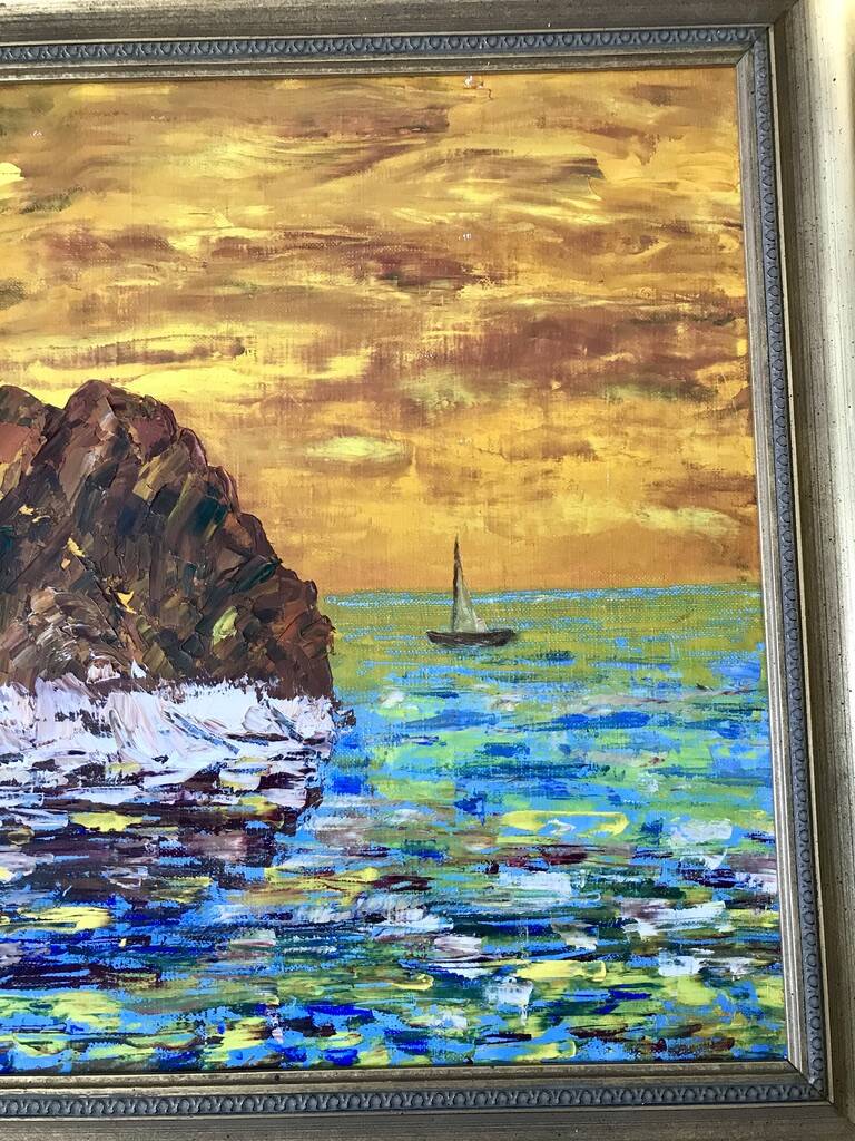 Oil painting on canvas landscape sunset framed vintage