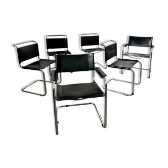 Set of 6 design chairs Matteo Grassi tubular metal and black leather year 70/80 Bauhaus style