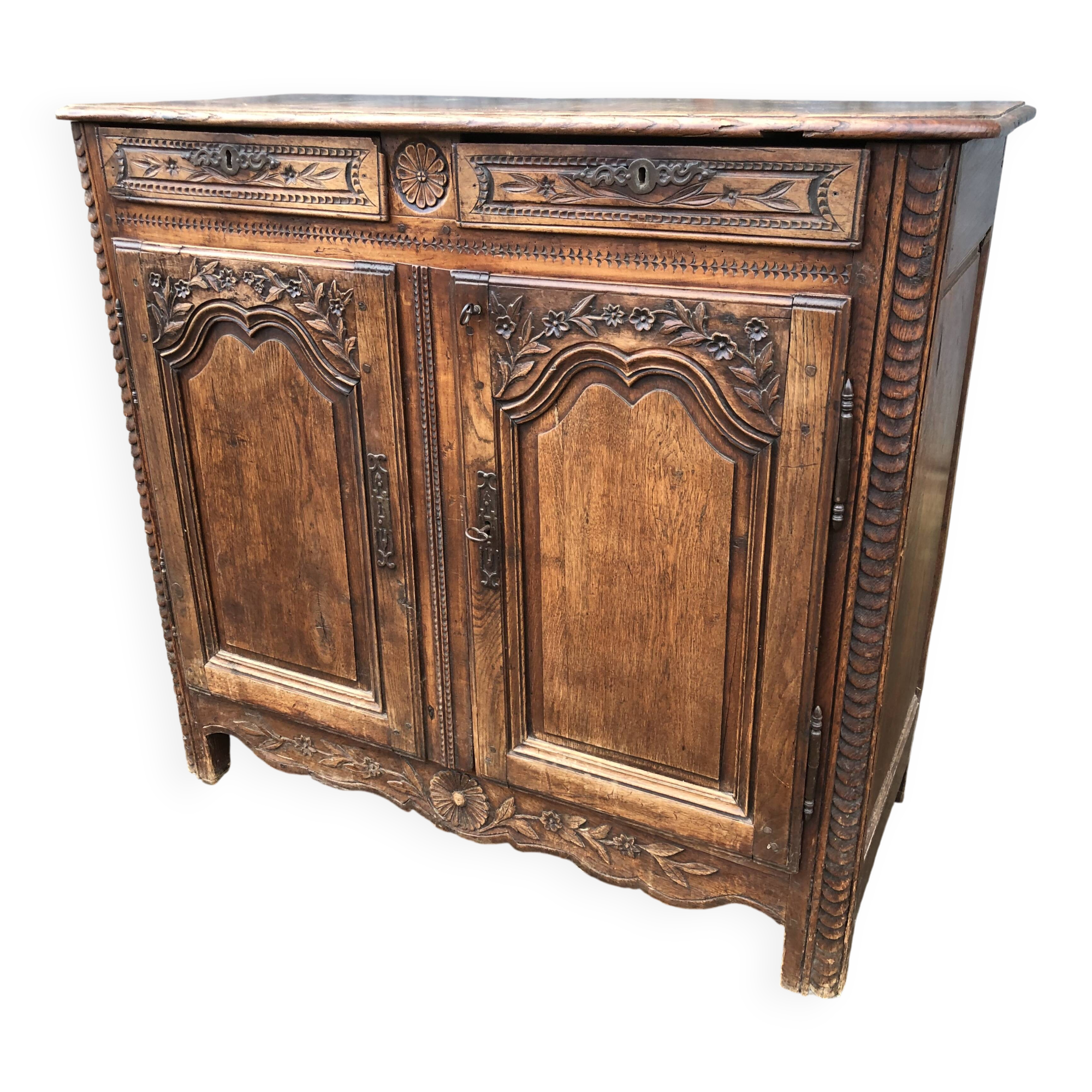 Buffet Louis XV ancien en chêne massif à 2 tiroirs et 2 portes