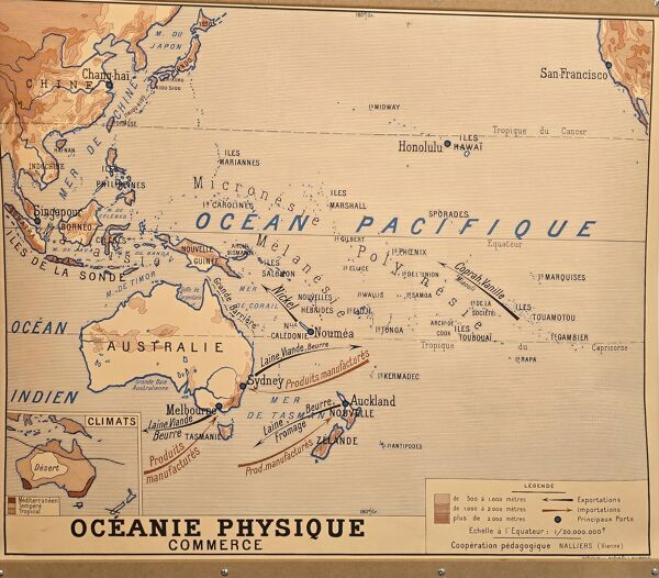 Ancienne carte de géographie carte d'école Océanie politique et physique co