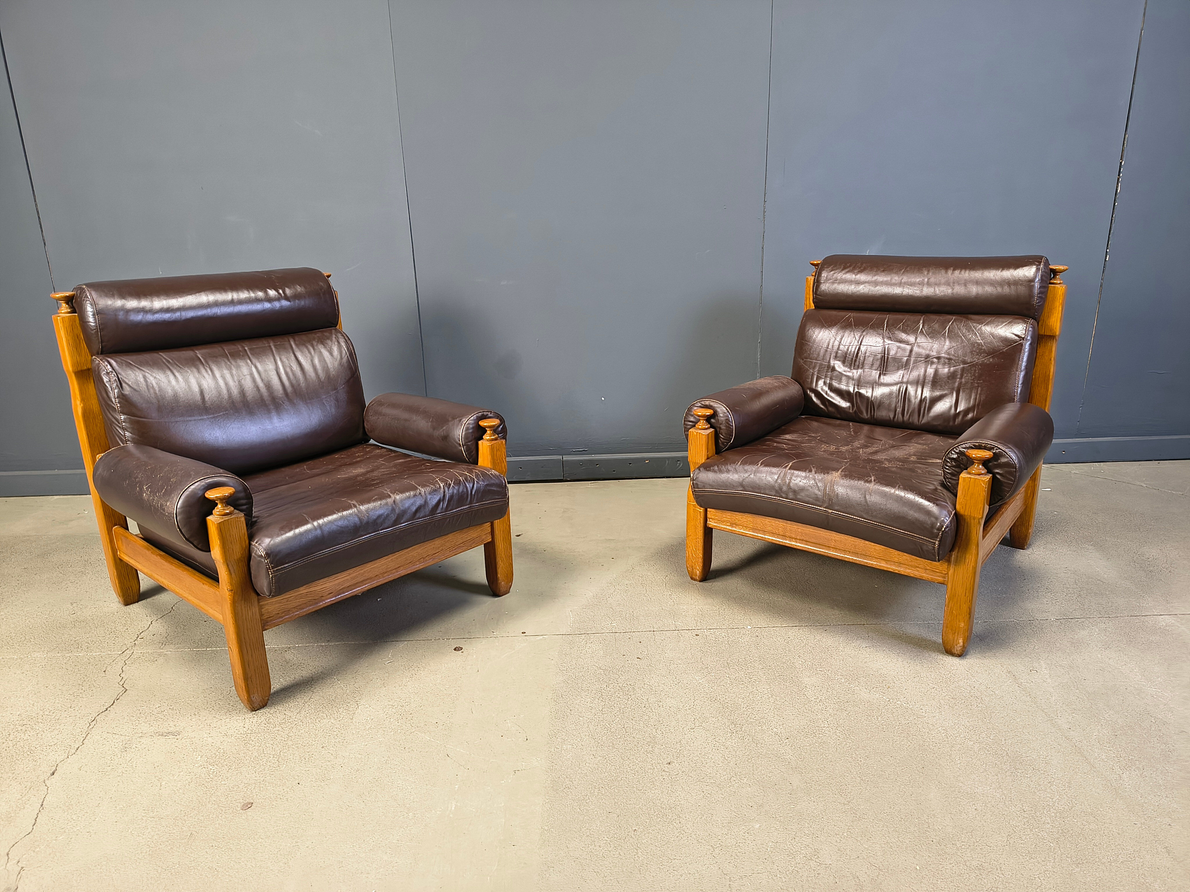 Vintage rustic brown leather and oak armchairs, 1960s - set of 2