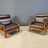 Vintage rustic brown leather and oak armchairs, 1960s - set of 2